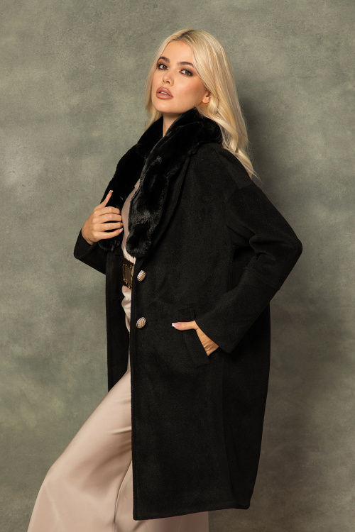 Кашмирено палто с подвижна яка от еко косъм