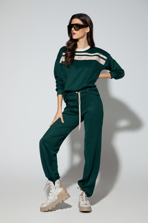 Сет от панталон и блуза с кантове в петролено