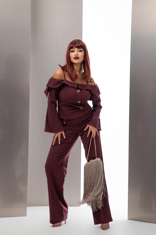 Свободен панталон с панделки в бордо