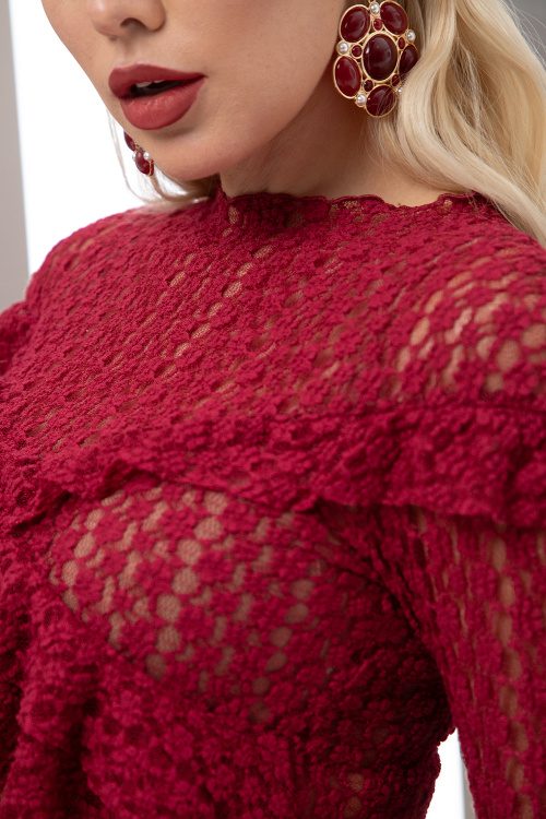 Блуза от дантела с къдри в бордо